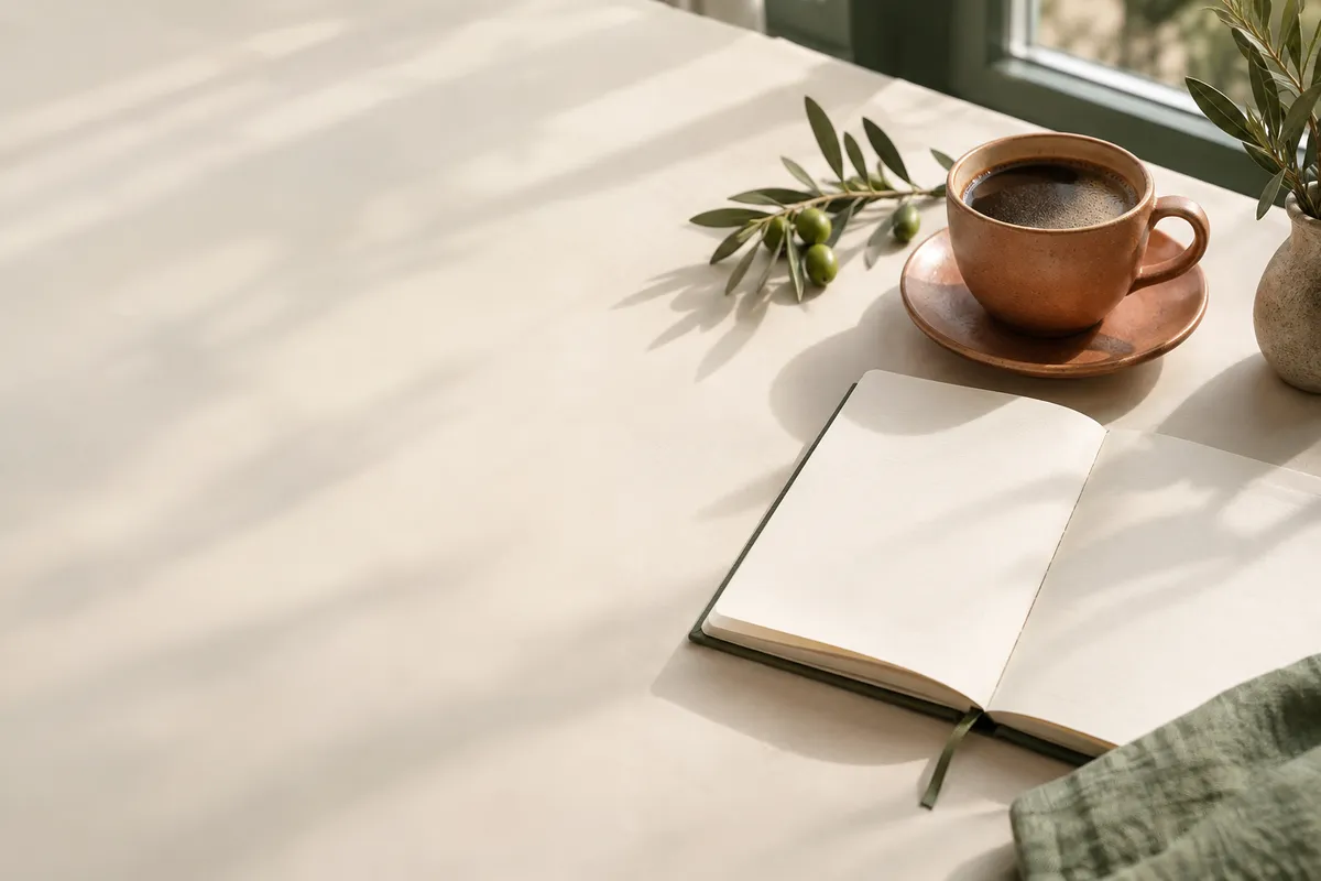 Quaderno aperto e caffè vicino alla finestra per un momento tranquillo di studio